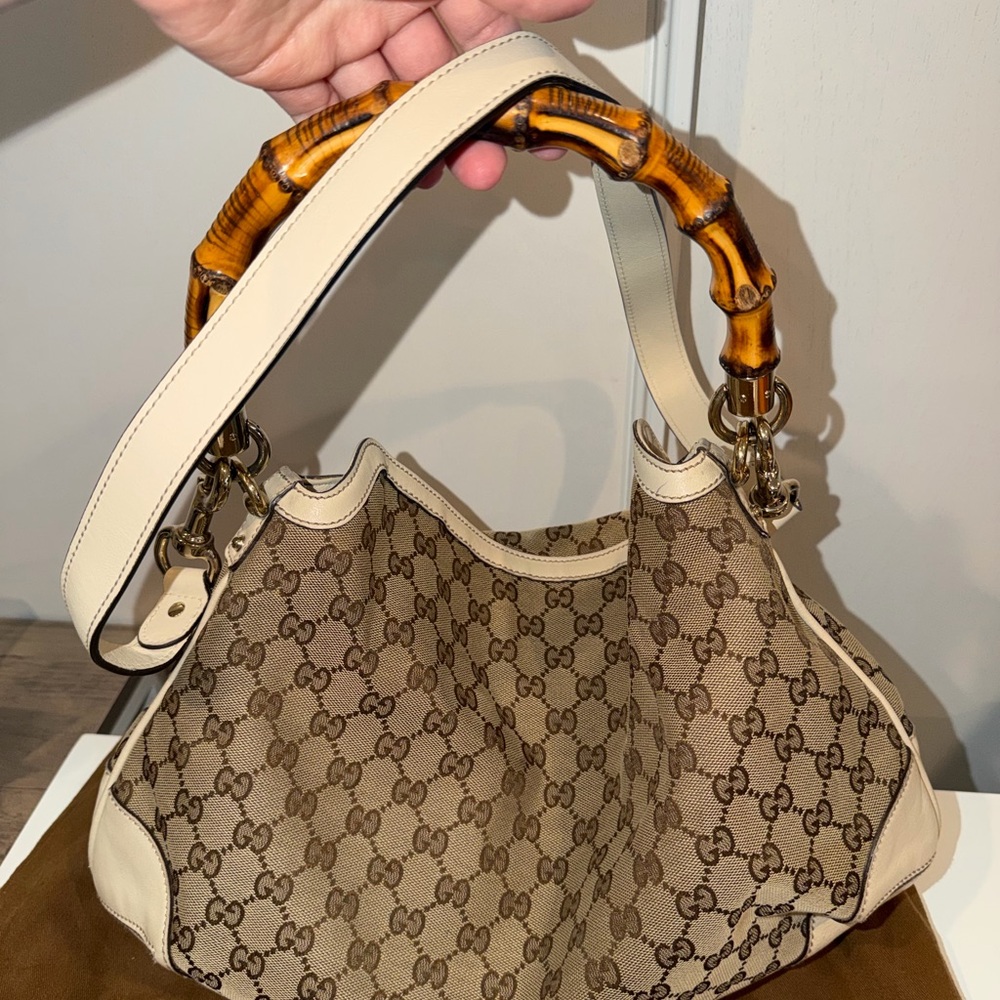 Gucci Tan and Cream Shoulder Bag with Bamboo Accent